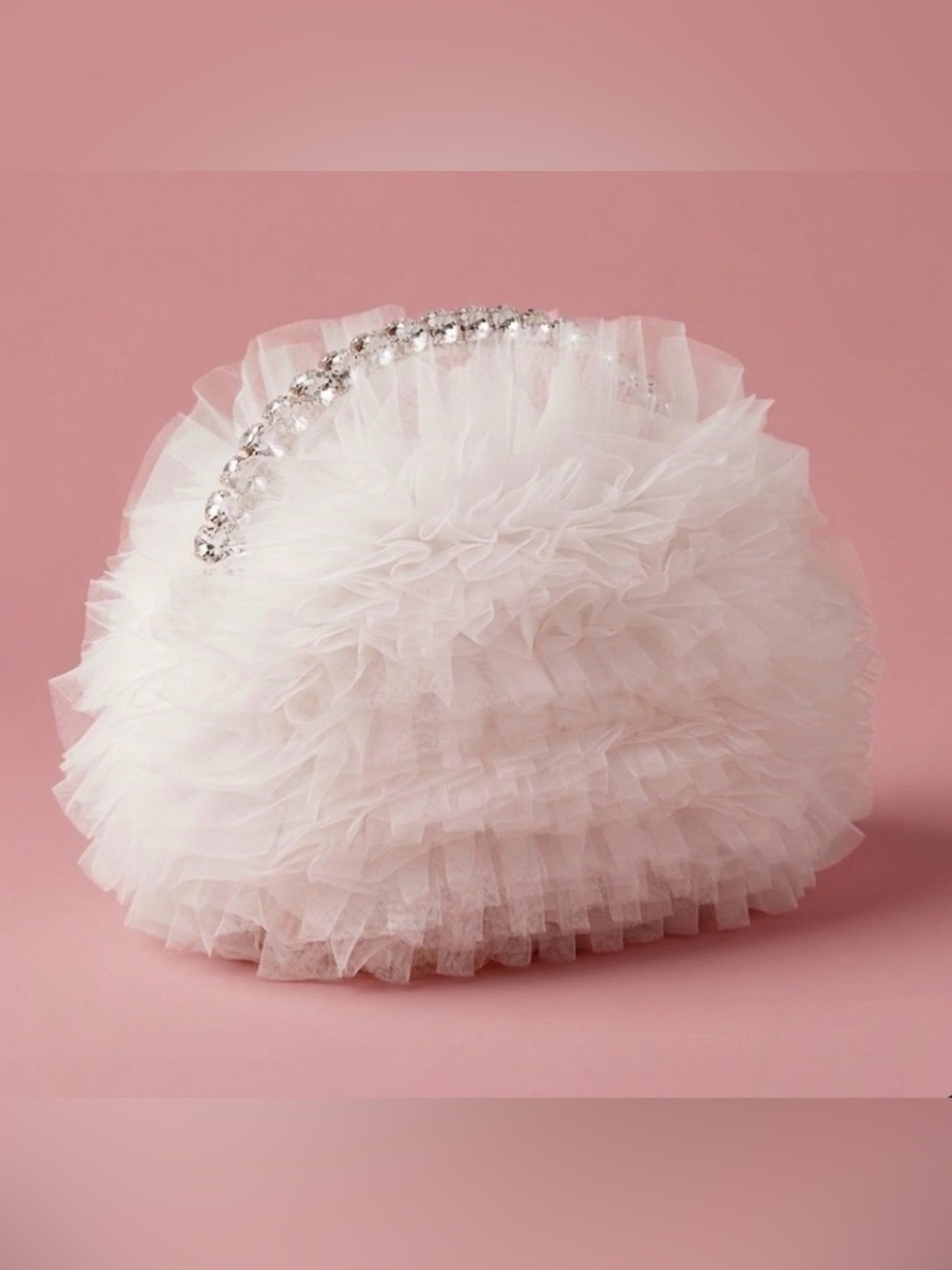 Jewel Badgley Mischka Ivory Ruffled Tulle Evening Clutch with Crystal Handle